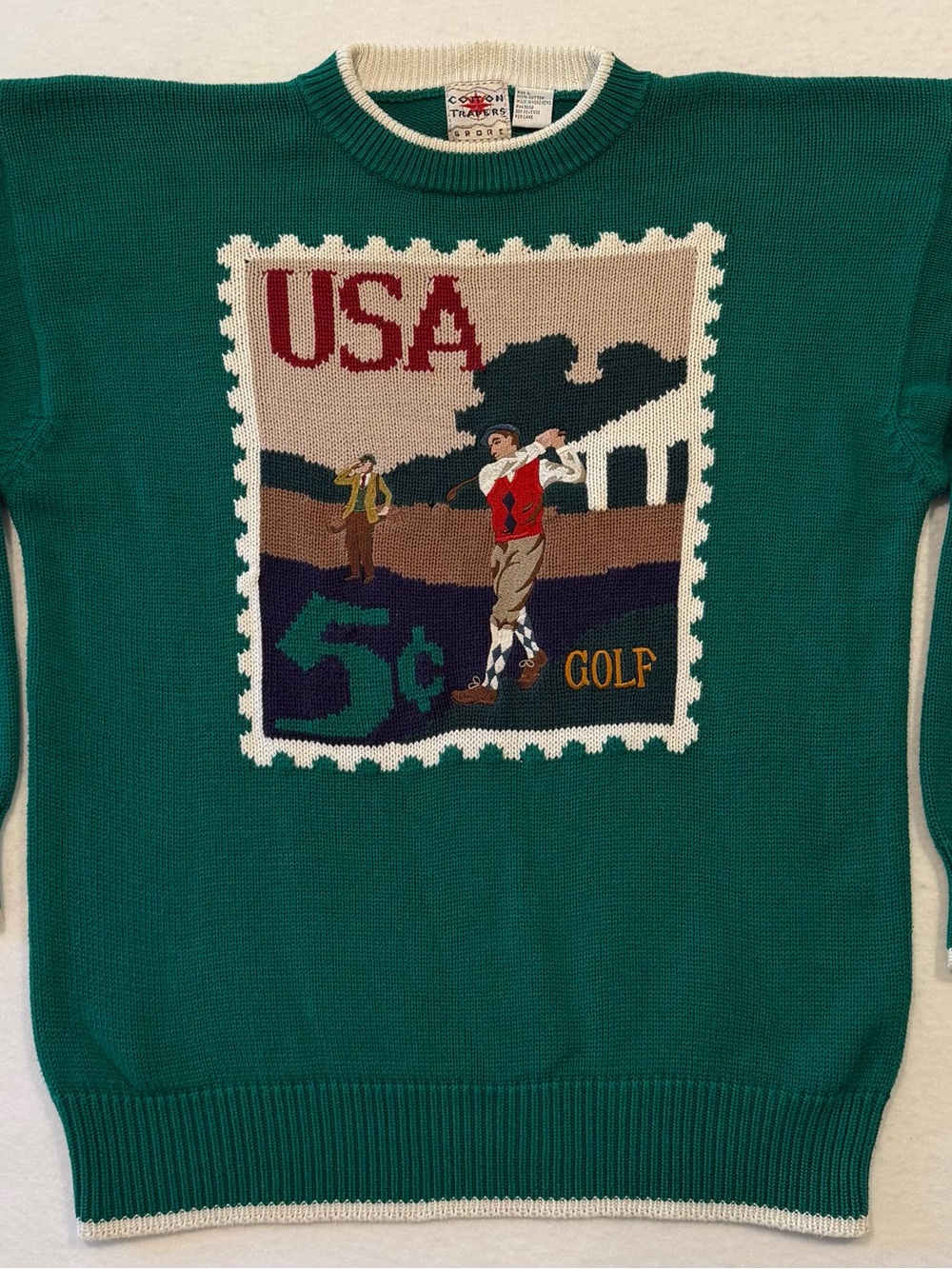 Vintage Cotton Traders Sport Men’s Golf Stamp Sweater Large Green 100% Cotton